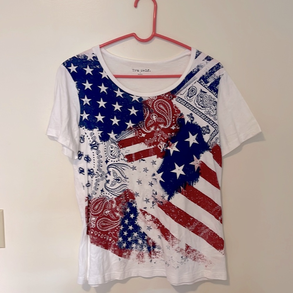Brand is Tru Self size womens Large. Colors are red white and blue.